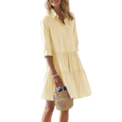 Women's Summer Striped Shirt Dress Half-Button Mini Cake Dress