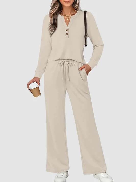 Women Two Piece Lounge Set Long Sleeve Top Wide Leg Pants