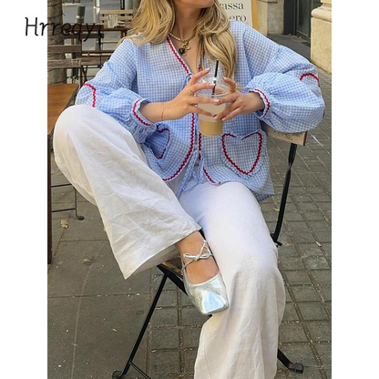 ⏰Hot Sale-Women Long Sleeve Shirts Heart Embroidery Plaid Front Bowknot Tie-Up Blouses