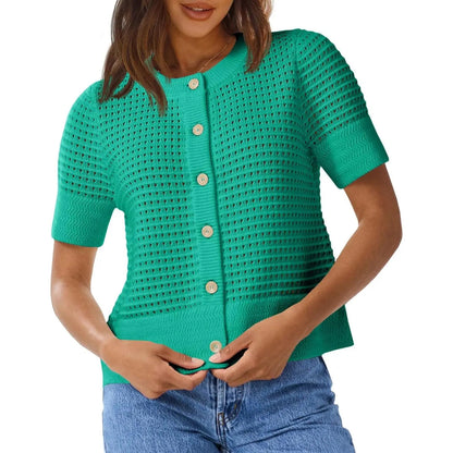 Womens Crochet Short Sleeve Cardigans Button Up Crew Neck Summer