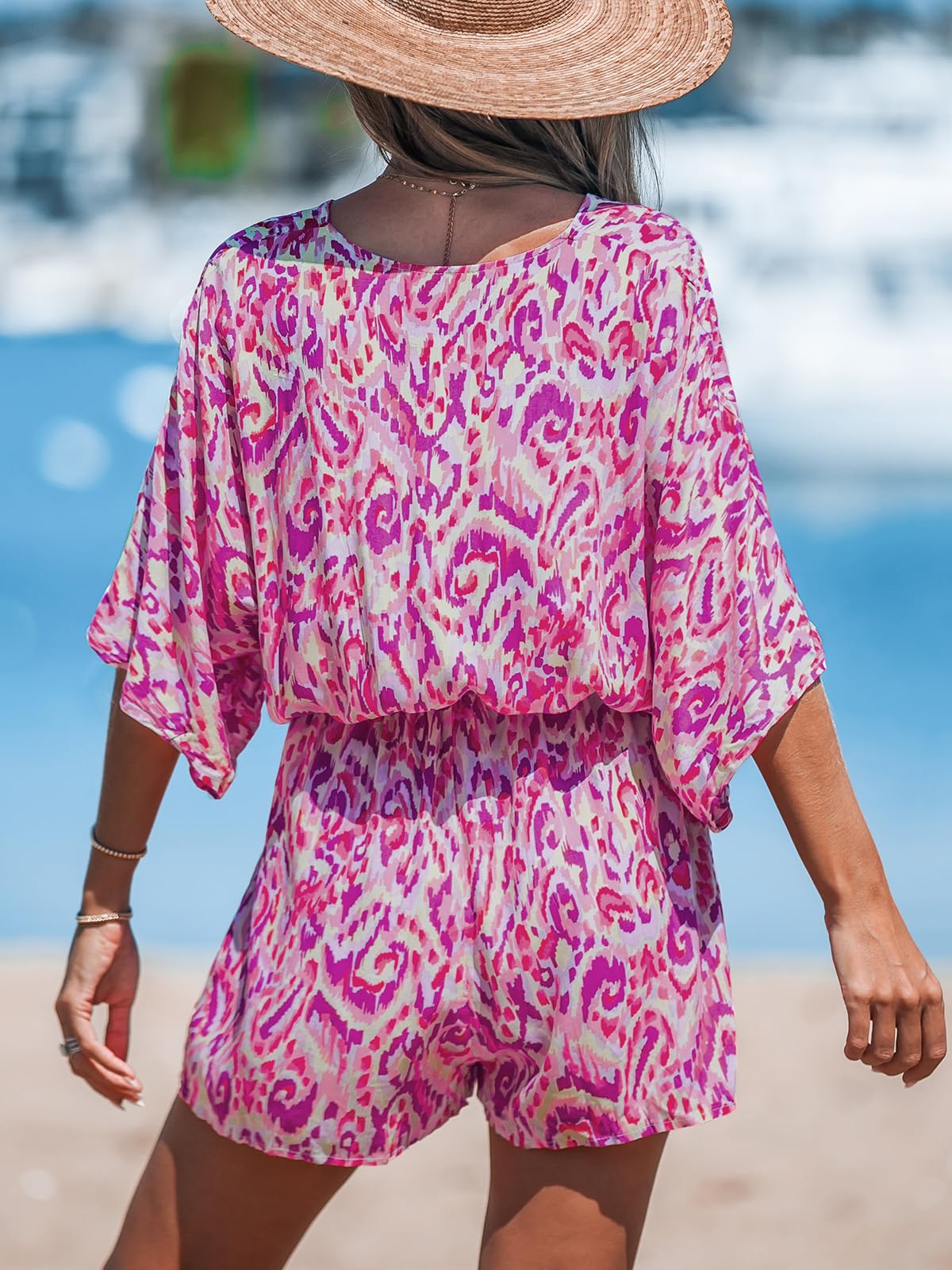 ✨Women's Lace Up Print Romper Short Sleeves Jumpsuits Wide leg Outfit