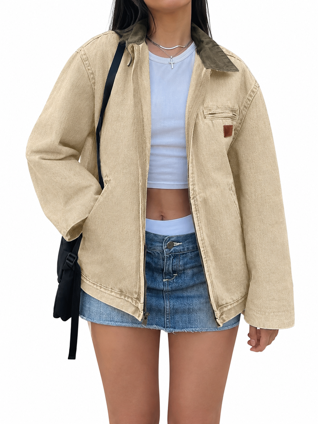 Women Zipper Collared Denim Barn Jacket