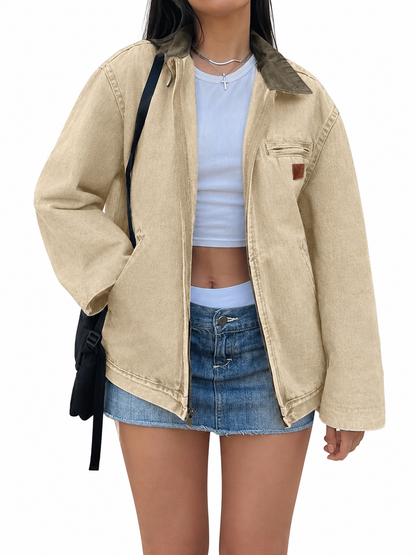 Women Zipper Collared Denim Barn Jacket