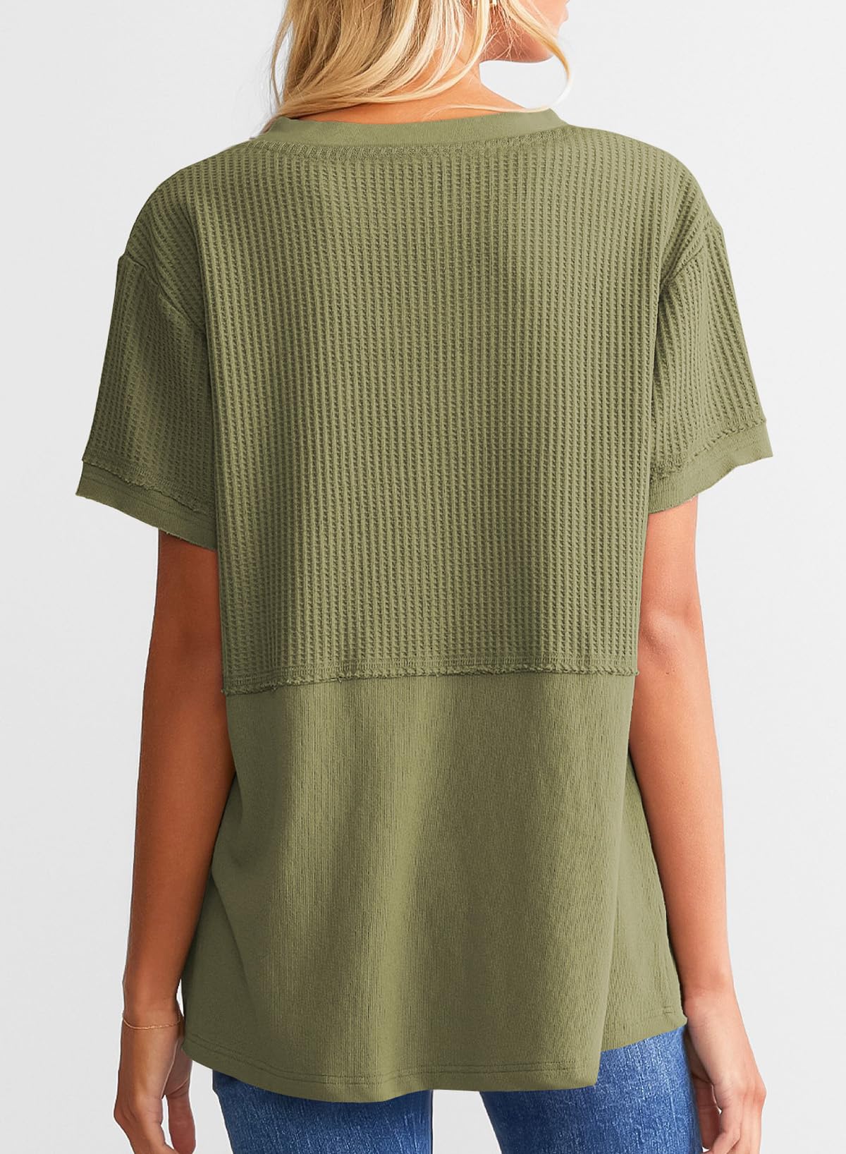 ✨Women's Casual V Neck Waffle Knit Tops Short Sleeve T Shirts