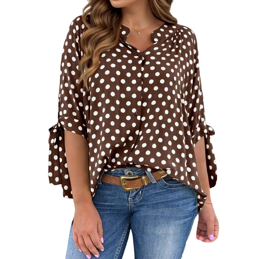 Womens Polka Dot Blouse V Neck Bow Tie Cuff Half Sleeve