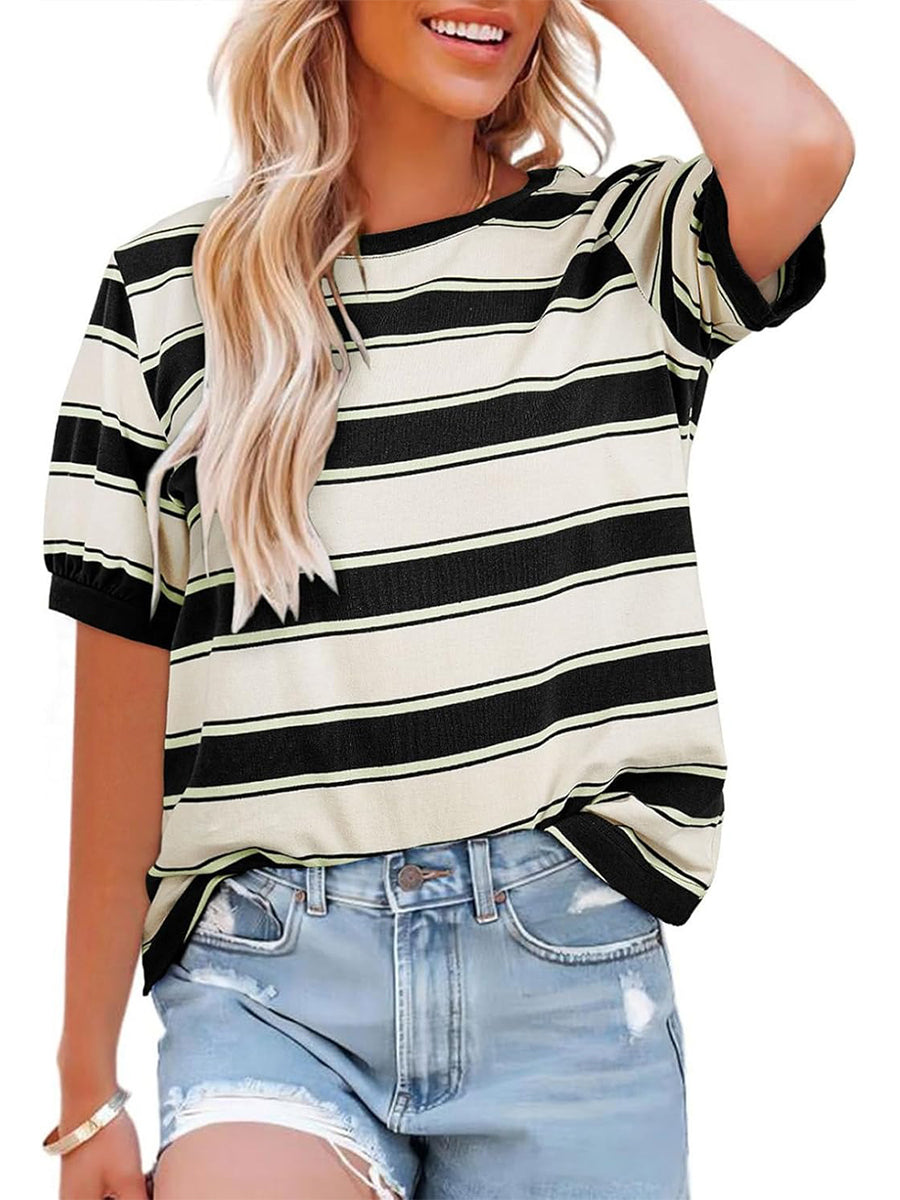🔥HOT SALE Women's Striped Color Block Short Sleeve T-Shirts Casual Loose Basic Tee