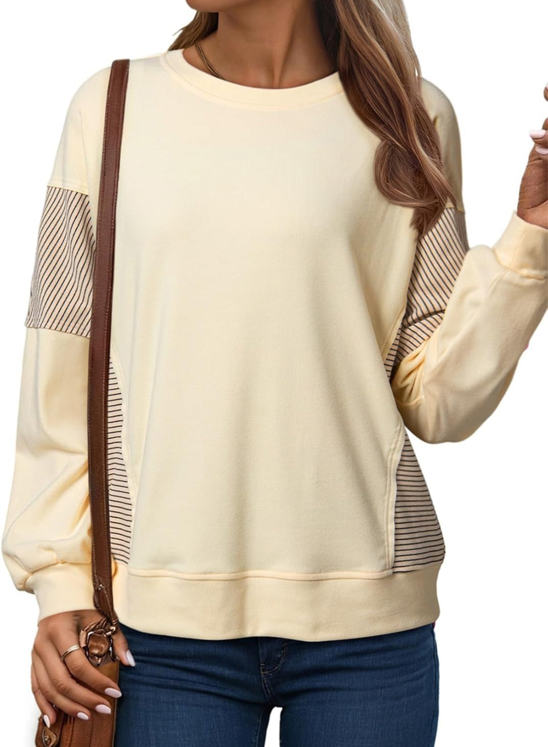 ✨Women's Crewneck Patchwork Stripe Long Sleeve Pullover Sweatshirts