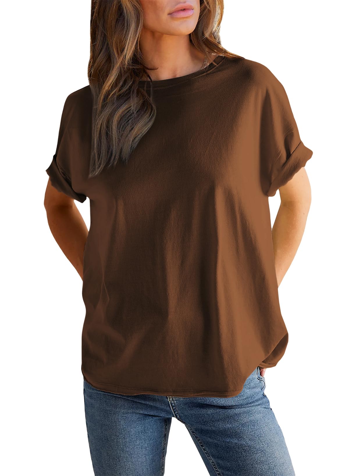 Women’s Round neck solid color short sleeve back spliced T-shirt cotton tee