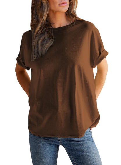Women’s Round neck solid color short sleeve back spliced T-shirt cotton tee