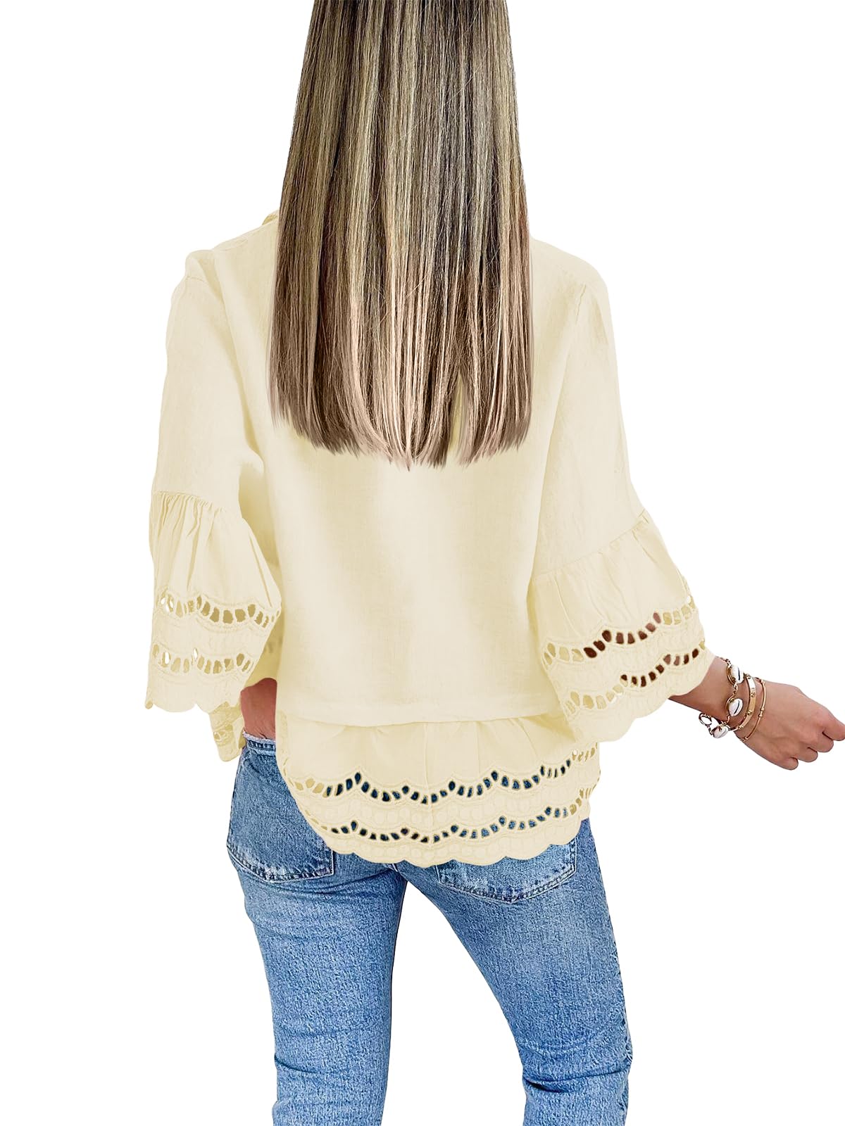Women‘s Chic Ruffle Hem Blouse with Hollow Out Design