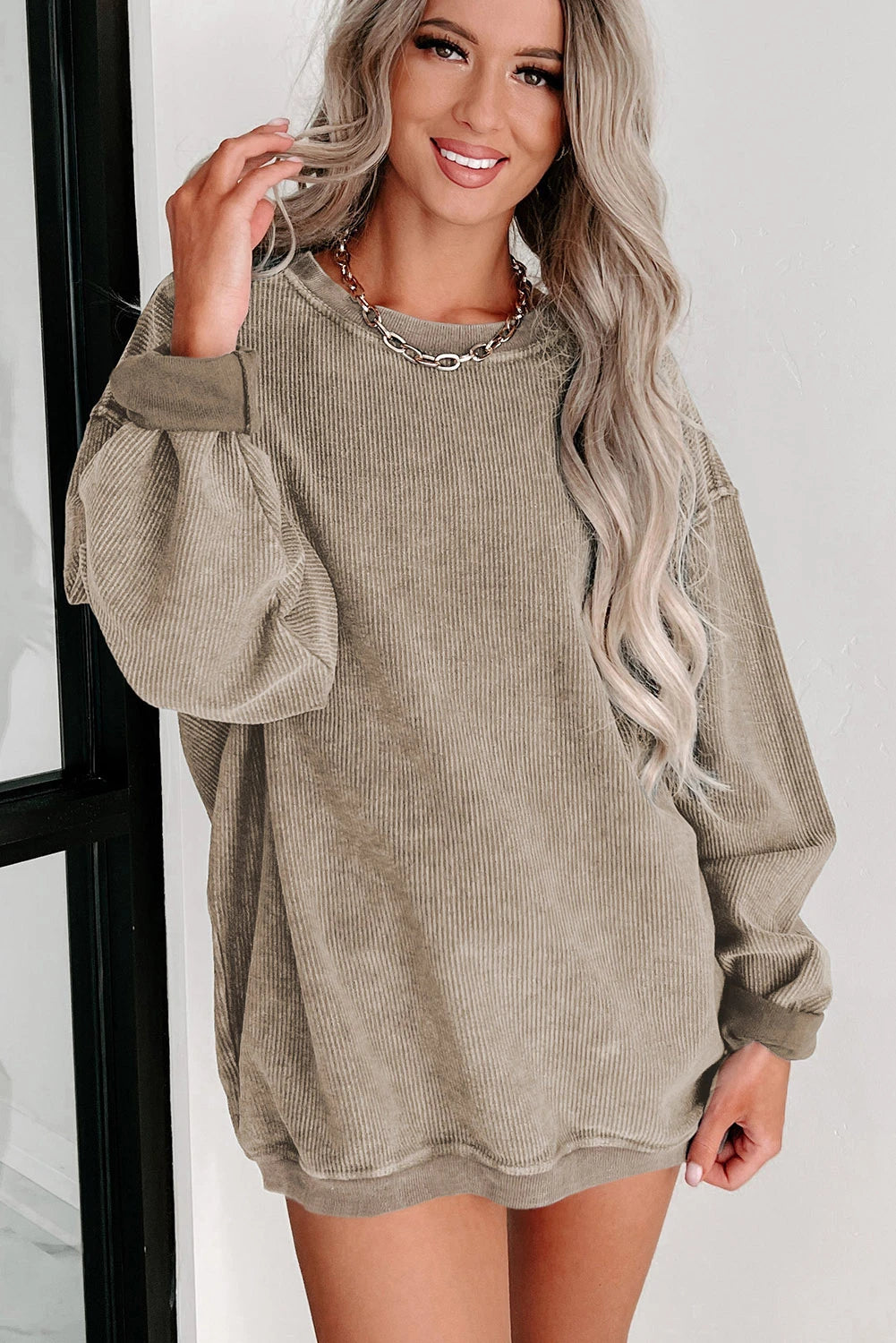 ✨ Women's Solid Color Ribbed Knit Round Neck Pullover Sweatshirt