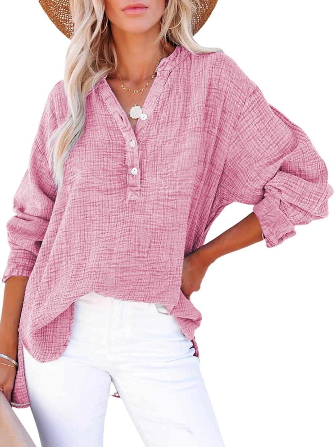 ⏰Hot Sale-Womens Casual Button V Neck Long Sleeve Shirts Oversized Solid Blouses Tops