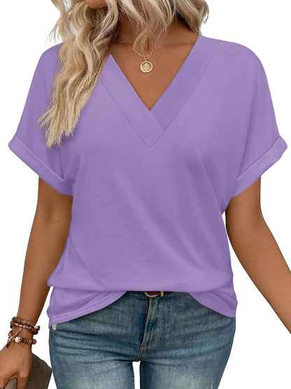 ✨Womens Summer V Neck Short Sleeve Solid Color Basic T Shirt