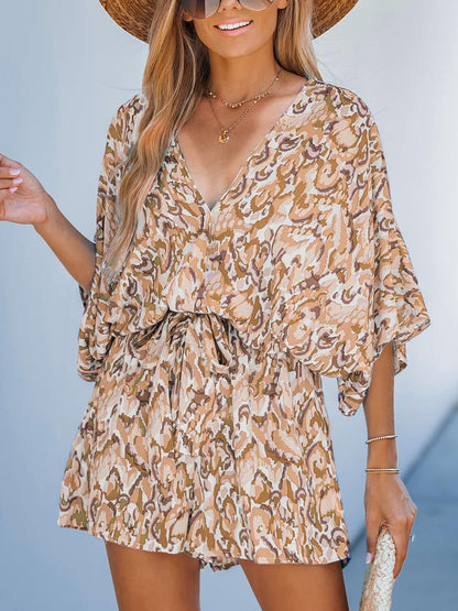 ✨Women's Lace Up Print Romper Short Sleeves Jumpsuits Wide leg Outfit