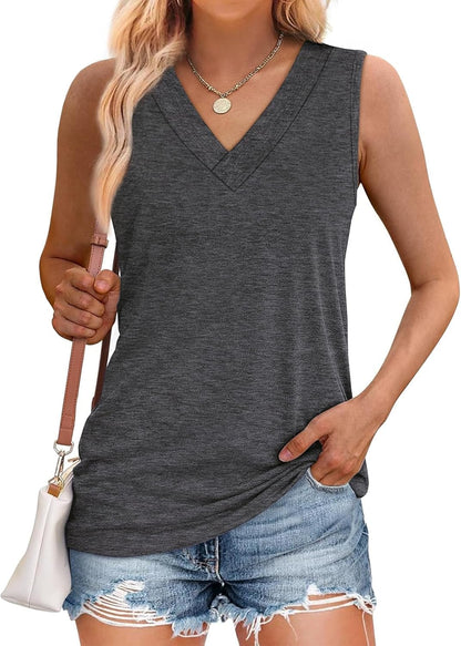✨Women Summer Loose Fit V Neck T Shirts Trendy Sleeveless Basic Tank Tops