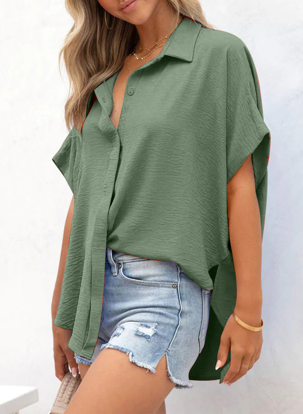 ⏰Hot Sale-Women's Casual Button Short Sleeve Slit Hem Shirt Solid Color Tops