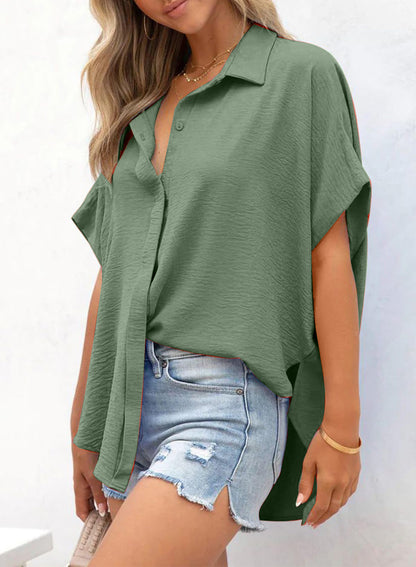 ⏰Hot Sale-Women's Casual Button Short Sleeve Slit Hem Shirt Solid Color Tops