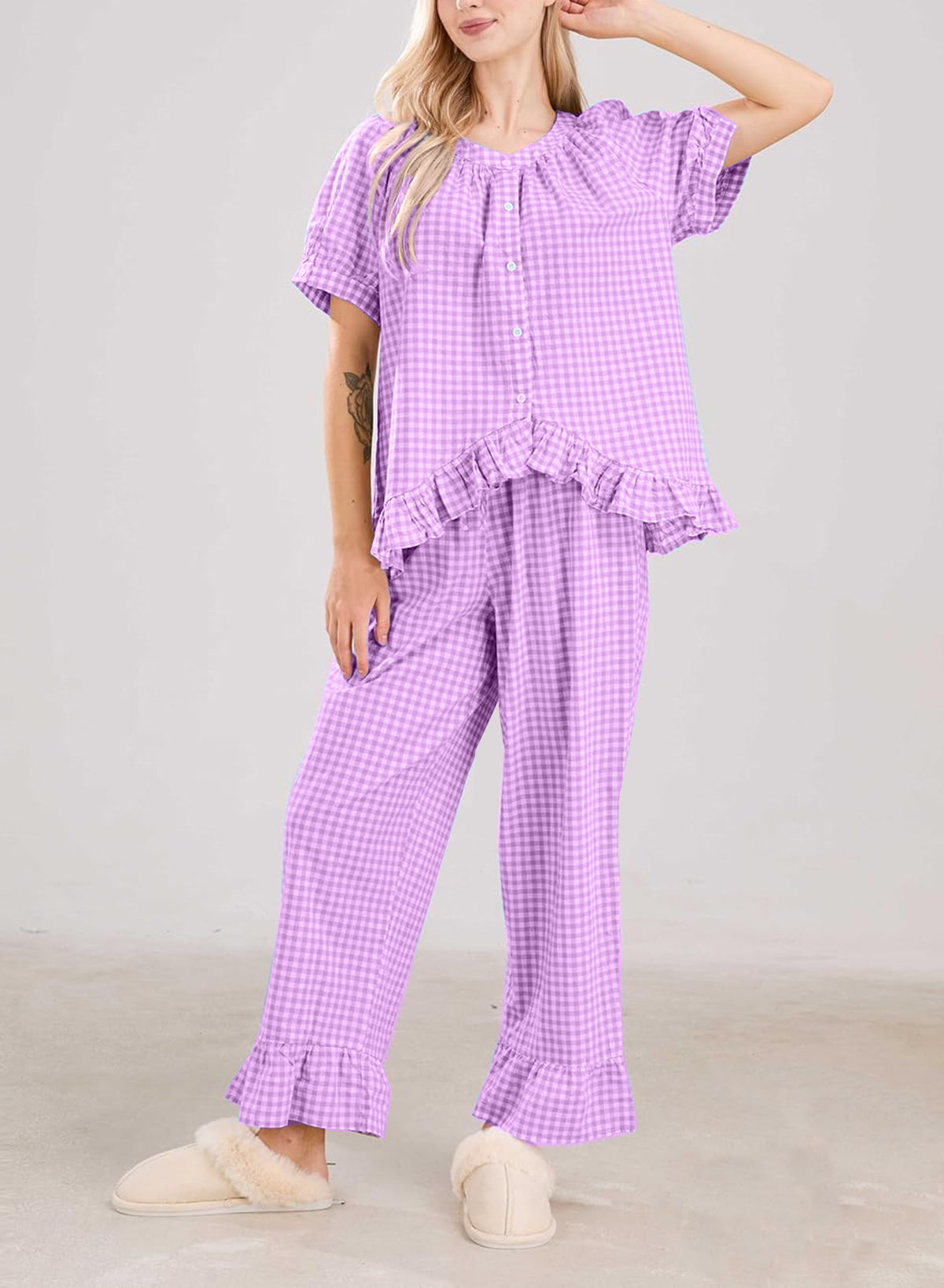 ✨Women Plaid 2 Piece Set Pajamas Outfits Short Sleeve Ruffle Shirt Pants Sets