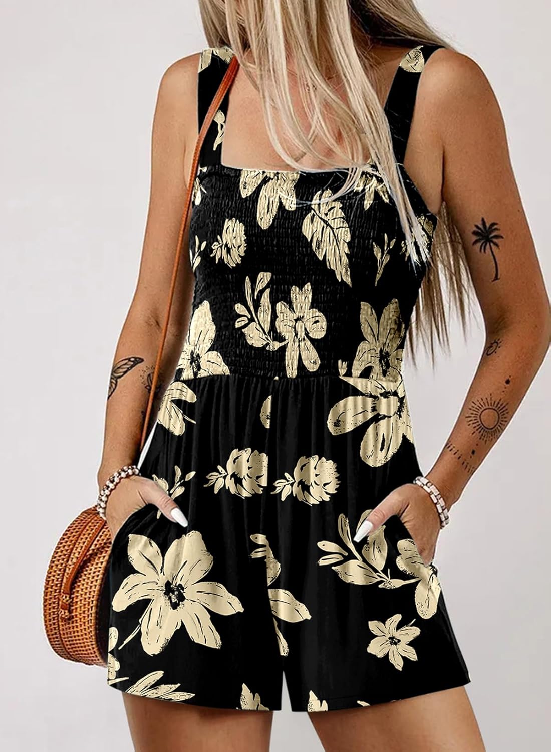Women's Casual Sleeveless Floral Jumpsuit Cute Romper with Pockets