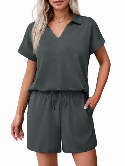 ✨Women Summer Lounge Sets Short Sleeve Sweatshirt V-neck Tops and Drawstring Shorts Outfits Tracksuit