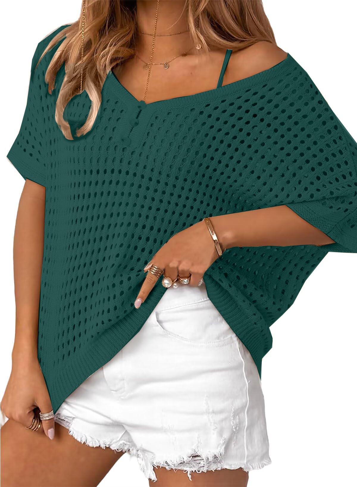 ✨Womens Summer V Neck Short Sleeve Button Down Sweater Casual Crochet Hollow Out Knit Tops Beach Coverup