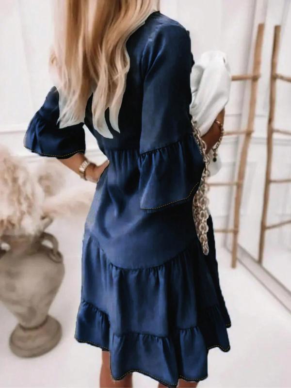Women's Denim Ruffle Trim V Neck Dress