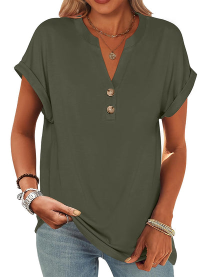 ✨Women's V Neck Button Casual Loose Fit Short Sleeve Henley Tops