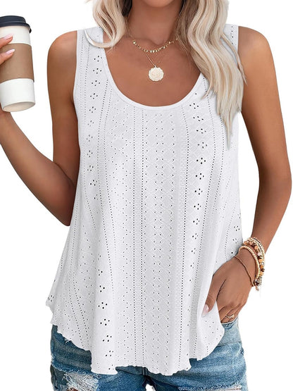 HOT SALE Women's Casual Loose Scoop Neck Wide Strap Eyelet Tank Tops