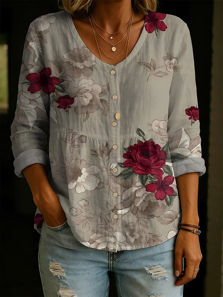 Women's Floral Print V-Neck Linen Cotton Shirt