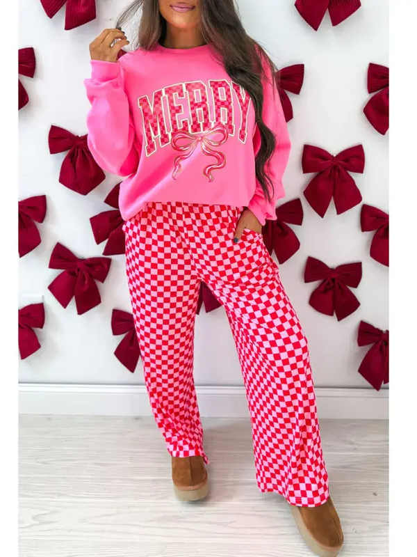 Women’s Merry Letter Checkered Christmas 2 Piece Set
