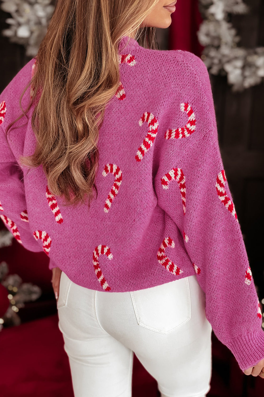 ✨Womens Christmas Candy Cane Holiday Drop Shoulder Sweater