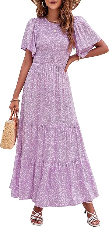 ✨Women's Casual Floral Print Short Flutter Sleeve Smocked High Waist Flowy Maxi Dress