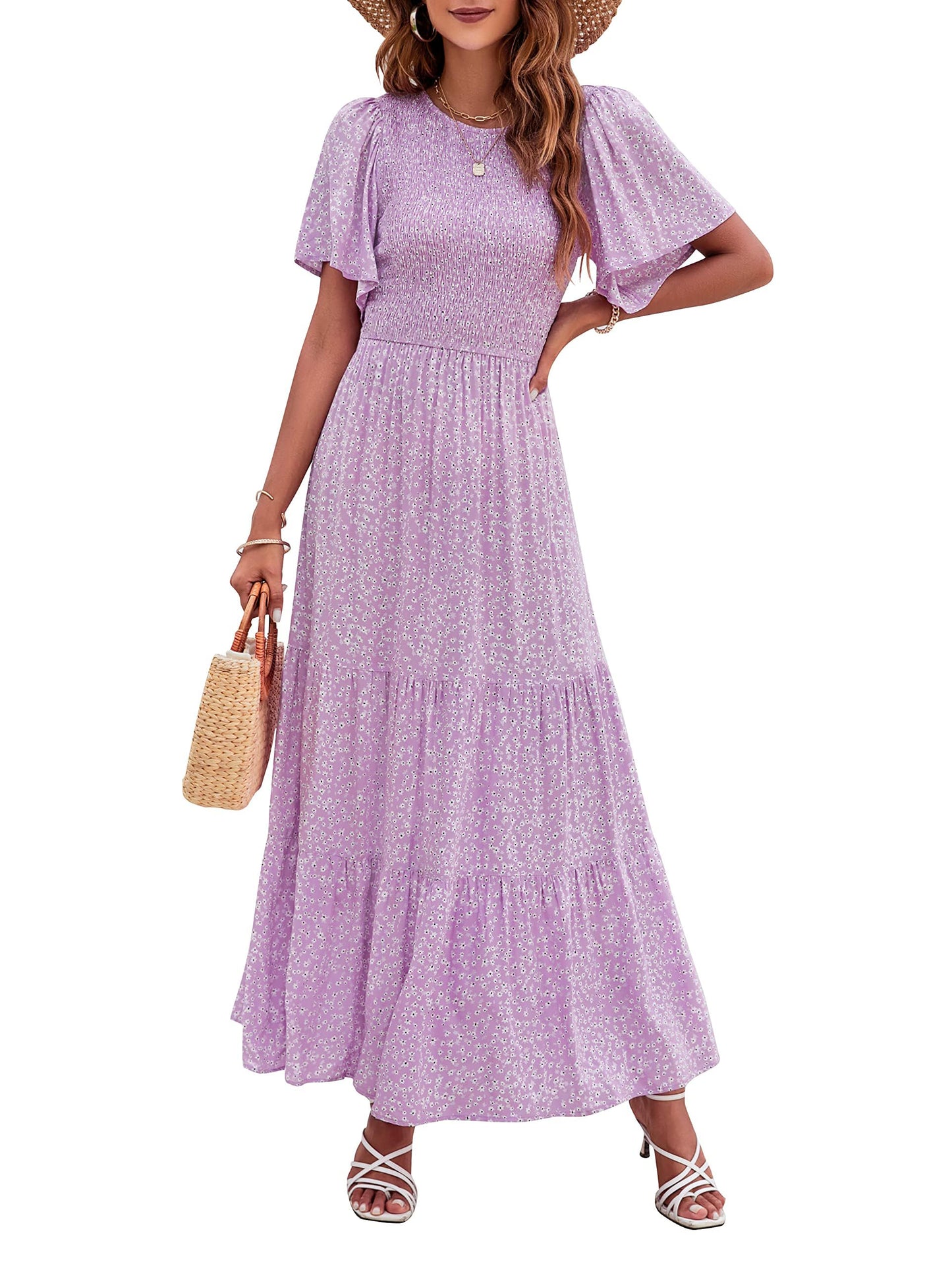 ⏰Hot Sale-Women's Casual Floral Print Short Flutter Sleeve Smocked High Waist Flowy Maxi Dress