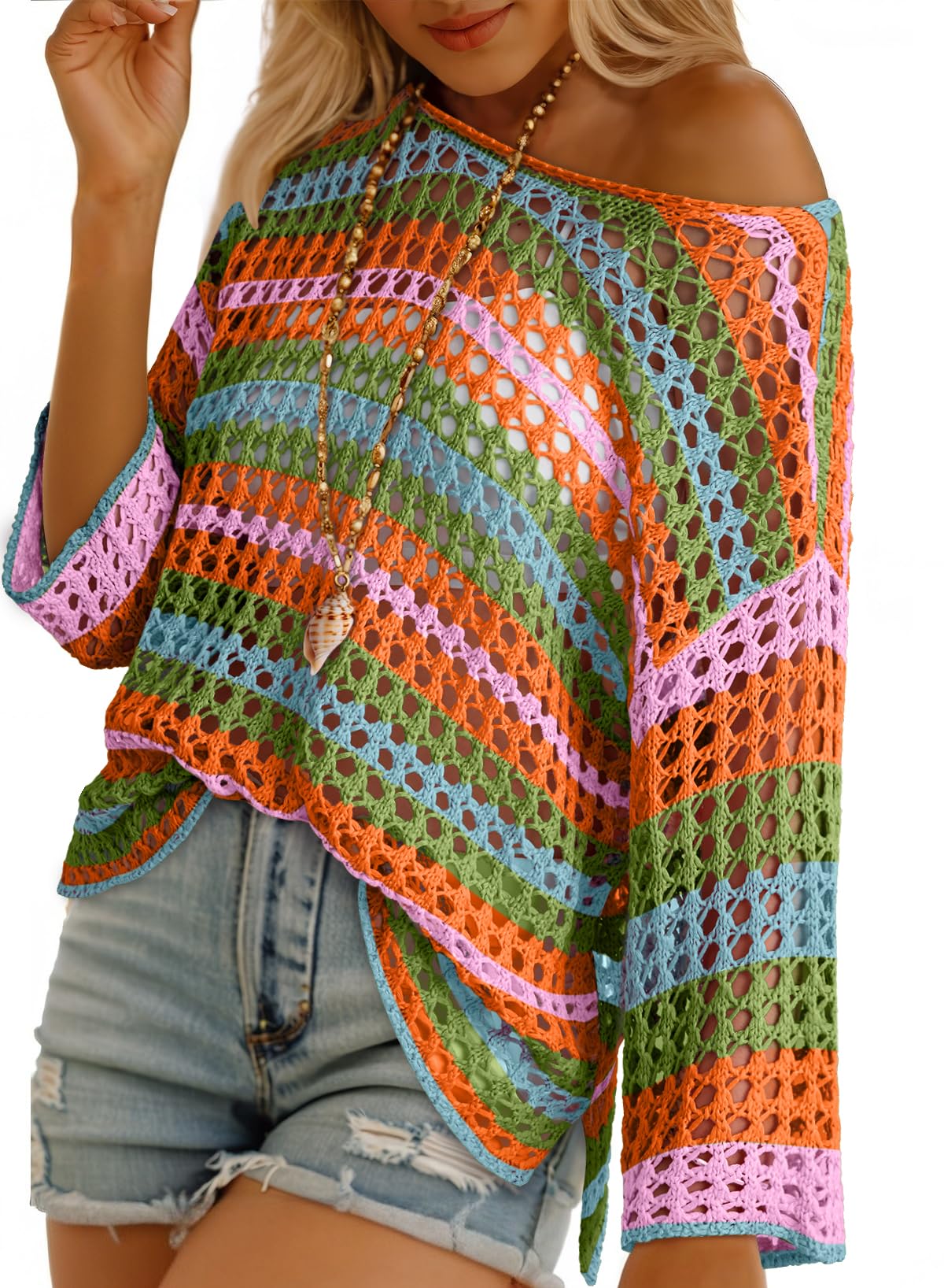 ⏰Hot Sale-Women's 3/4 Sleeve Hollow Out Color Block Striped Top