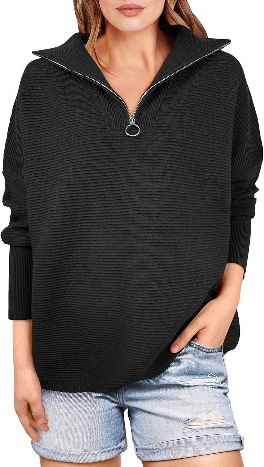 Quarter Zip Oversized Rib Knit Cozy Pullover Sweaters Top(50% OFF!!!)