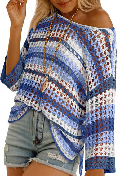⏰Hot Sale-Women's 3/4 Sleeve Hollow Out Color Block Striped Top