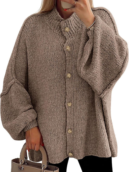 Women's Mock Neck Lantern Long Sleeve Button Down Cardigan Sweater