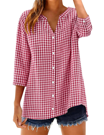 Women's Cotton 3/4 Sleeve Button Down Gingham Shirts