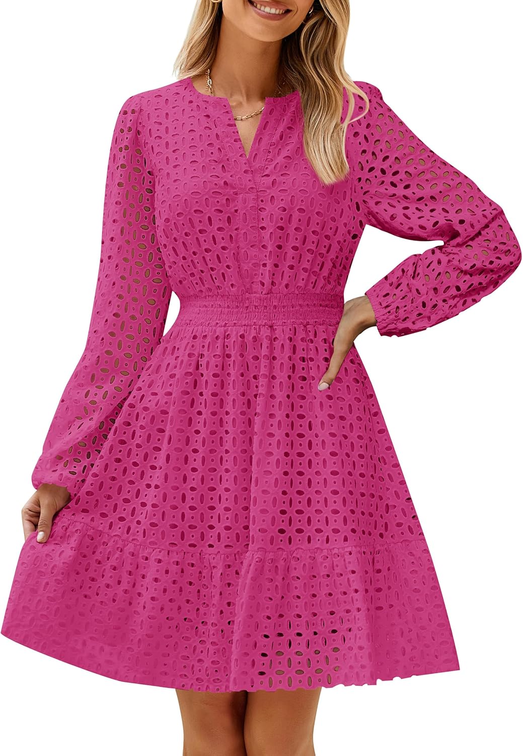 ✨Women's Long Sleeve Mini Dress V Neck Hollow Out Eyelet Embroidery Ruffle Dresses