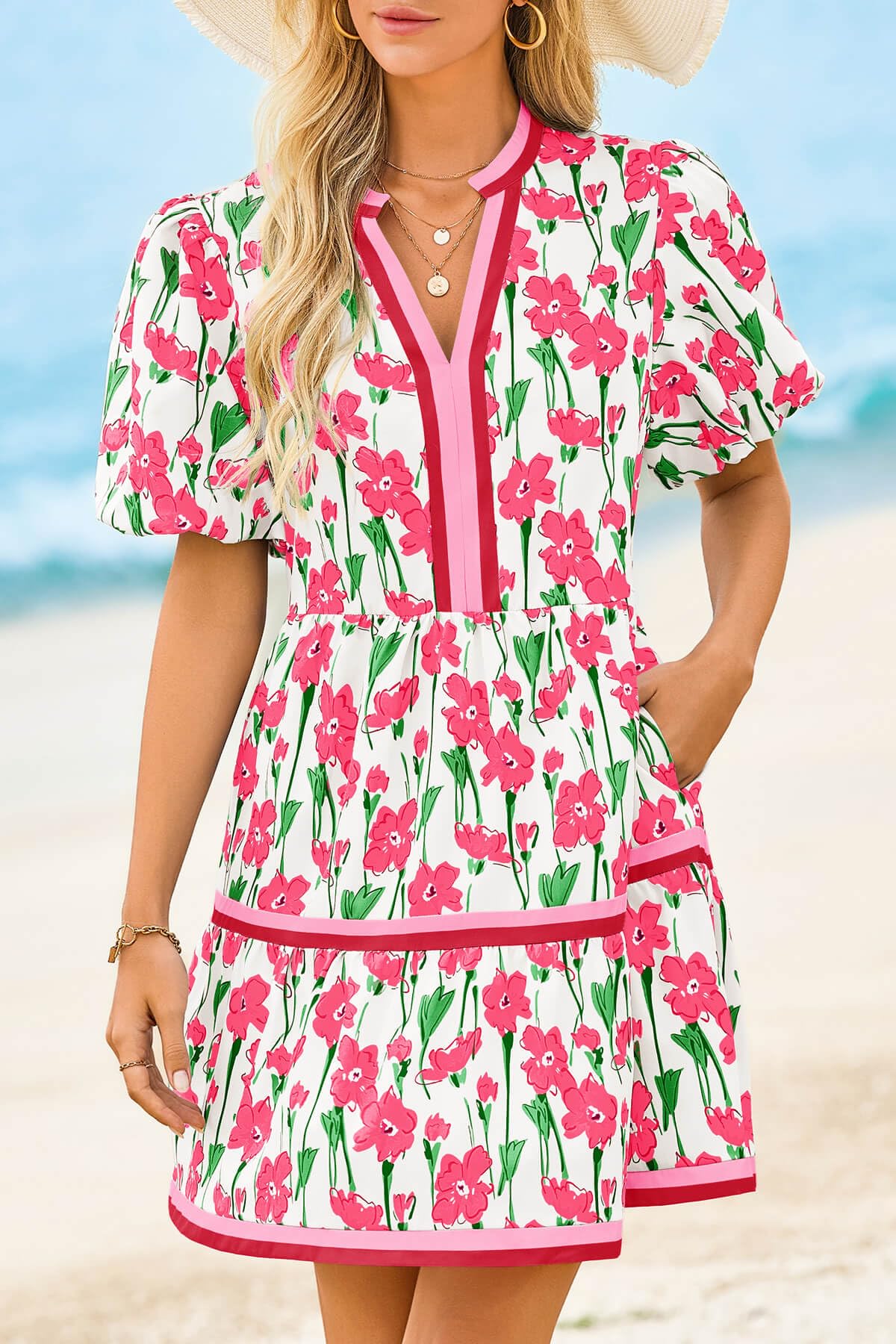 Womens V Neck Floral Mini Dress Short Puff Sleeve Patchwork