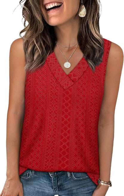 ✨Women Summer Outfits V Neck Tank Trendy Eyelet Sleeveless Basic T Shirts