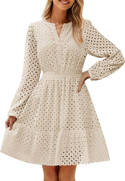 ✨Women's Long Sleeve Mini Dress V Neck Hollow Out Eyelet Embroidery Ruffle Dresses