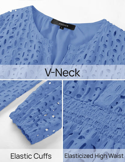 ✨Women's Long Sleeve Mini Dress V Neck Hollow Out Eyelet Embroidery Ruffle Dresses