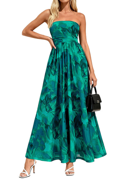 Womens Boho Maxi Dress Summer Floral Tube Strapless Wedding Guest Dresses