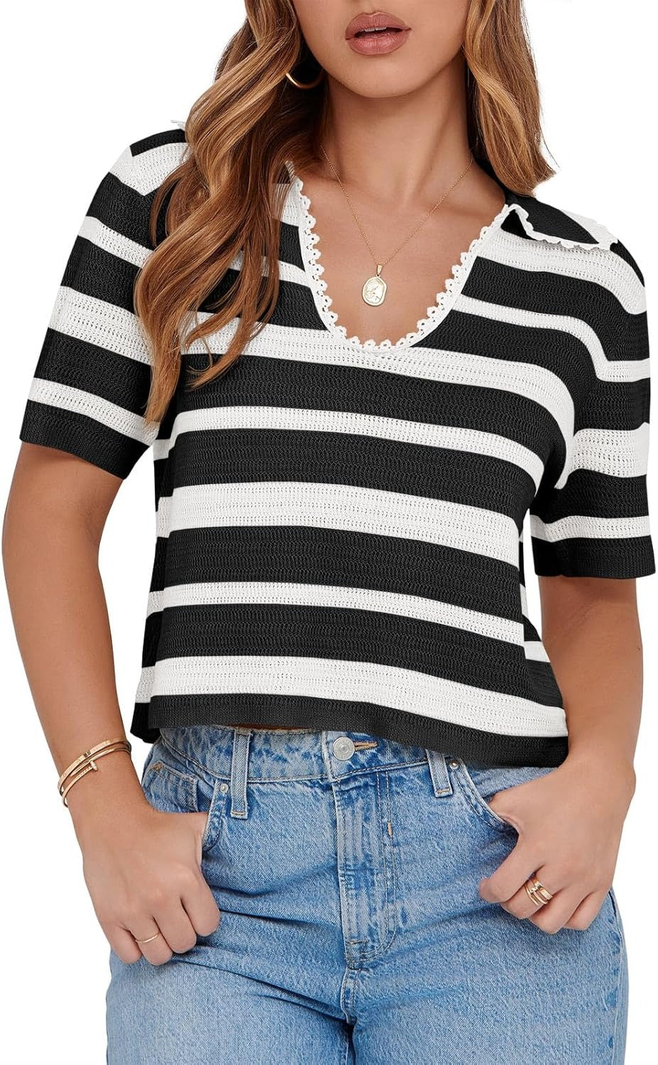 Women's Summer V Neck Collared Striped Short Sleeve Sweater Top
