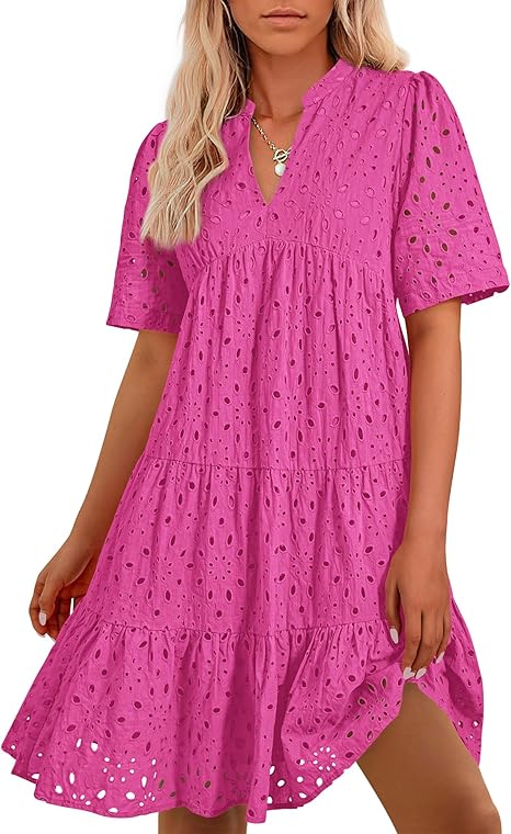2025 Women's V Neck Short Sleeve Hollow Out Mini Vacation Dress