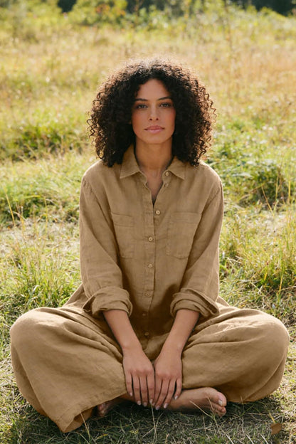 Women's Linen Button Down Long Sleeve Wide Leg Jumpsuit