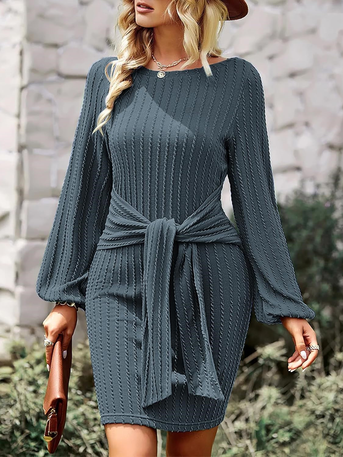 ✨Women's Long Lantern Sleeve Tie Waist Rib Knitted Sweater Dress