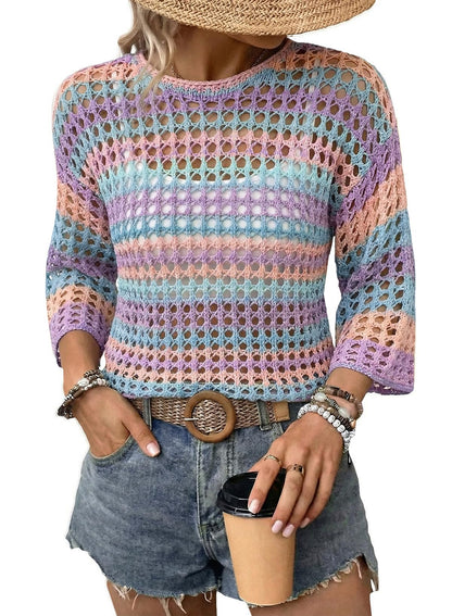 ⏰Hot Sale-Women's 3/4 Sleeve Hollow Out Color Block Striped Top