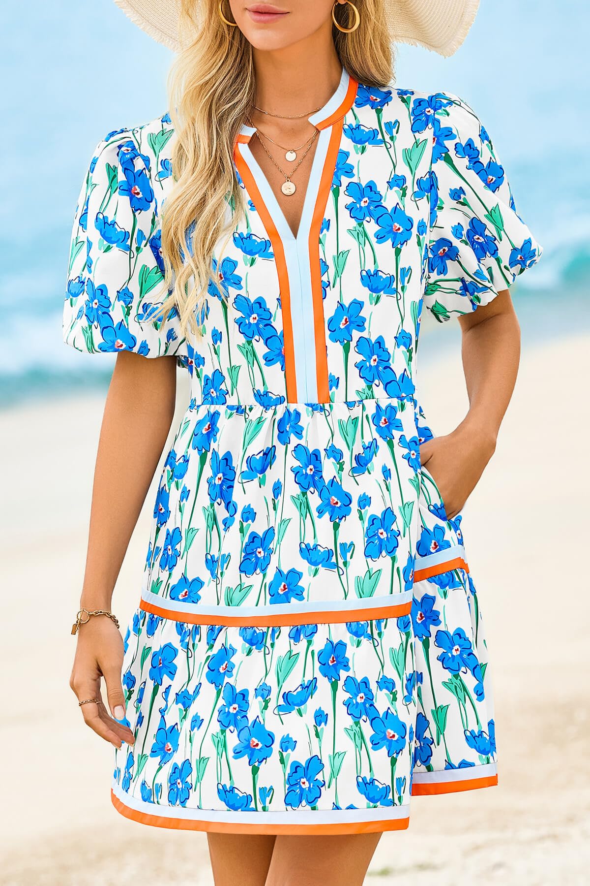Womens V Neck Short Puff Sleeve Patchwork Floral Mini Dress